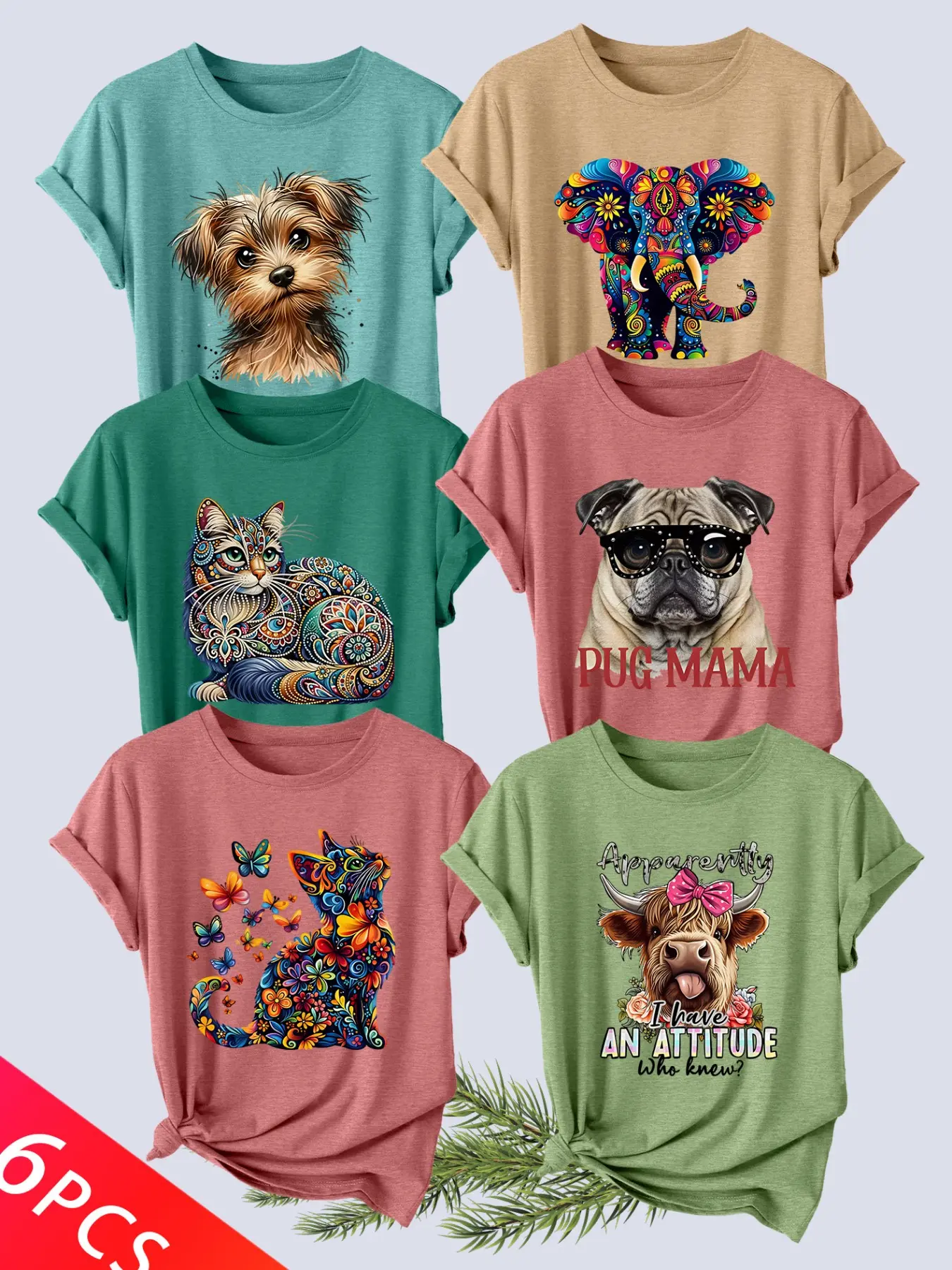 6Pcs Women Crew Tee, Ethnic Pattern Cat Dog Elephant Highland Cow Print, multi-washable casual tee