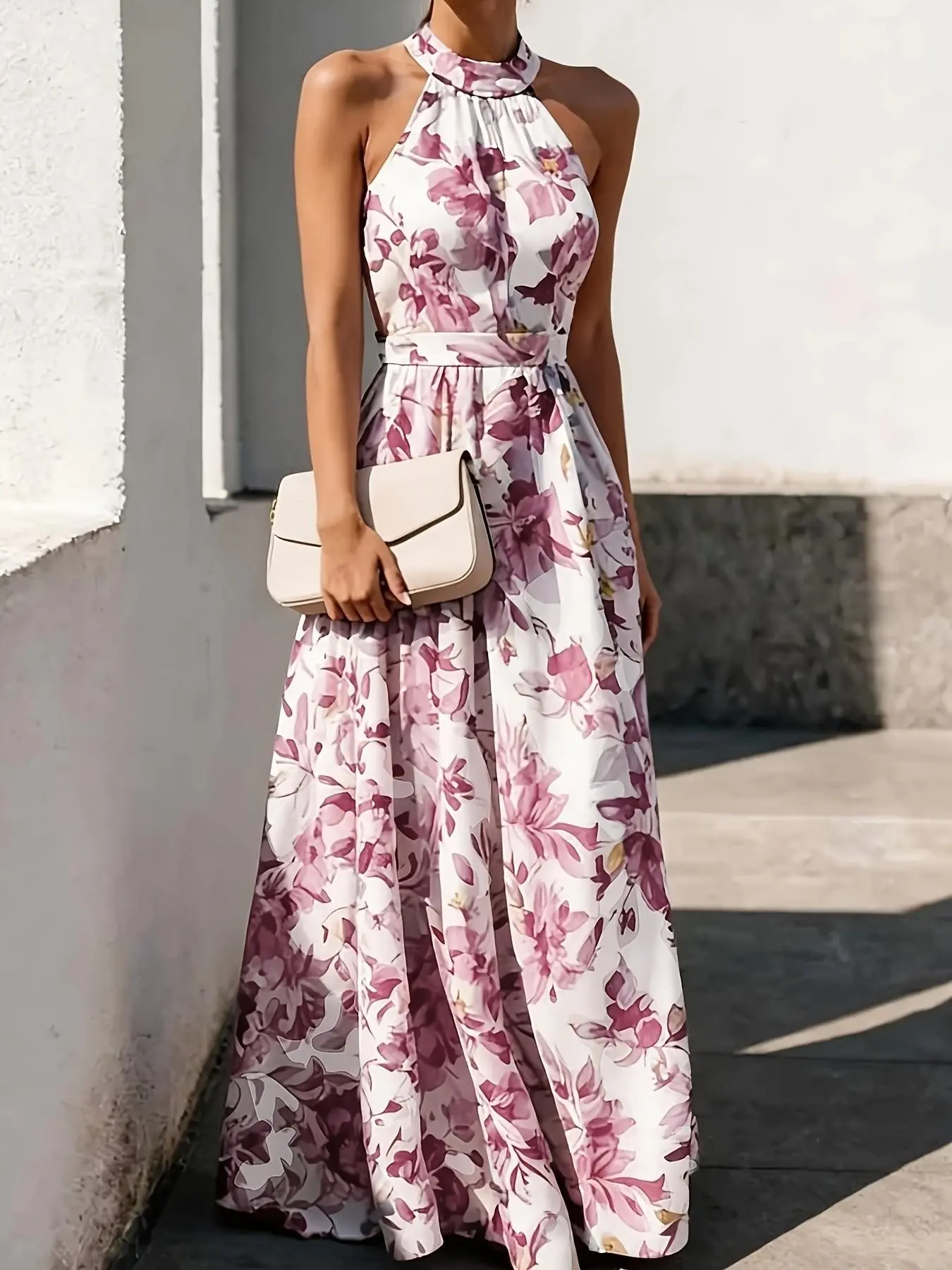 French Vintage Halter Backless Blue Print Long Dress, High Waist Slim Fit A-Line Chiffon Dress, Elegant Summer Fashion, Chic