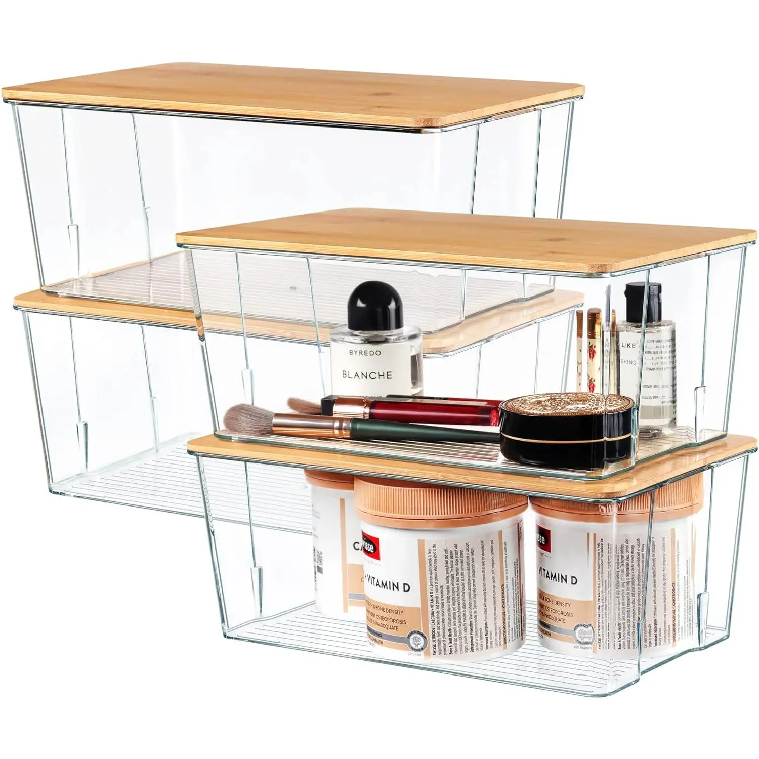 4 Pack Clear Plastic Storage Bins with Bamboo Lids, Stackable Storage Containers for Organizing Medicine Cabinet Organizer, Craft Room, Bread Box