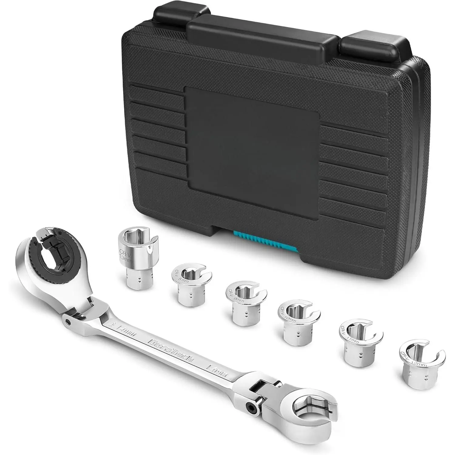 7-In-1 Ratcheting Wrench Set with Open Flex-, Metric Ratcheting Tubing Wrench Set, 8-14mm, 72- Gear, CR-V Steel, with Tool Box, Gifts for Men, Millimeters