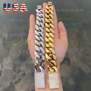 Big Heavy Solid Stainless Steel Cuban Link Biker Rocky Chain Bracelet (12/14/18/20/22mm) – 14K Gold Plated with 5A Simulated Diamonds & Brass Clasp