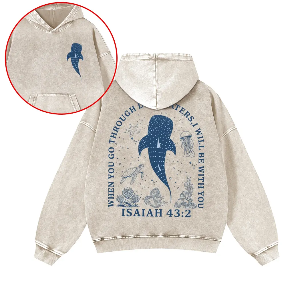 Oversized Vintage Washed Hoodie Men Women Whale Shark Isaiah 43:2 Christian Ocean Graphic Heavyweight Acid Wash Pullover Sweatshirt Streetwear