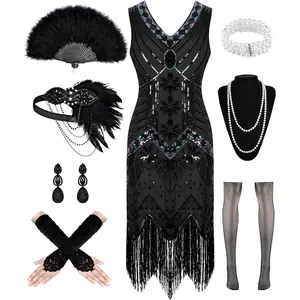 1920s Dresses for Women, Flapper Dress Lace Fan Feather Headband Sequins Beads Fringes 20s Accessories Vintage Mafia Costume