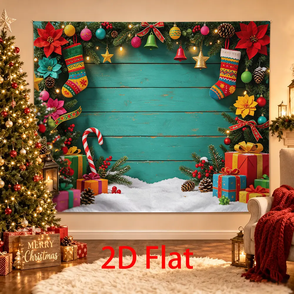 Colorful Christmas Backdrop with Stockings, Poinsettias, Gifts and Candy Cane