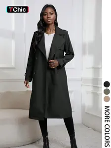Women's Fall Winter Casual Long Coat, Belted Fitted Windbreaker with Pockets, Spring Outdoor Streetwear Jacket, Plain Design