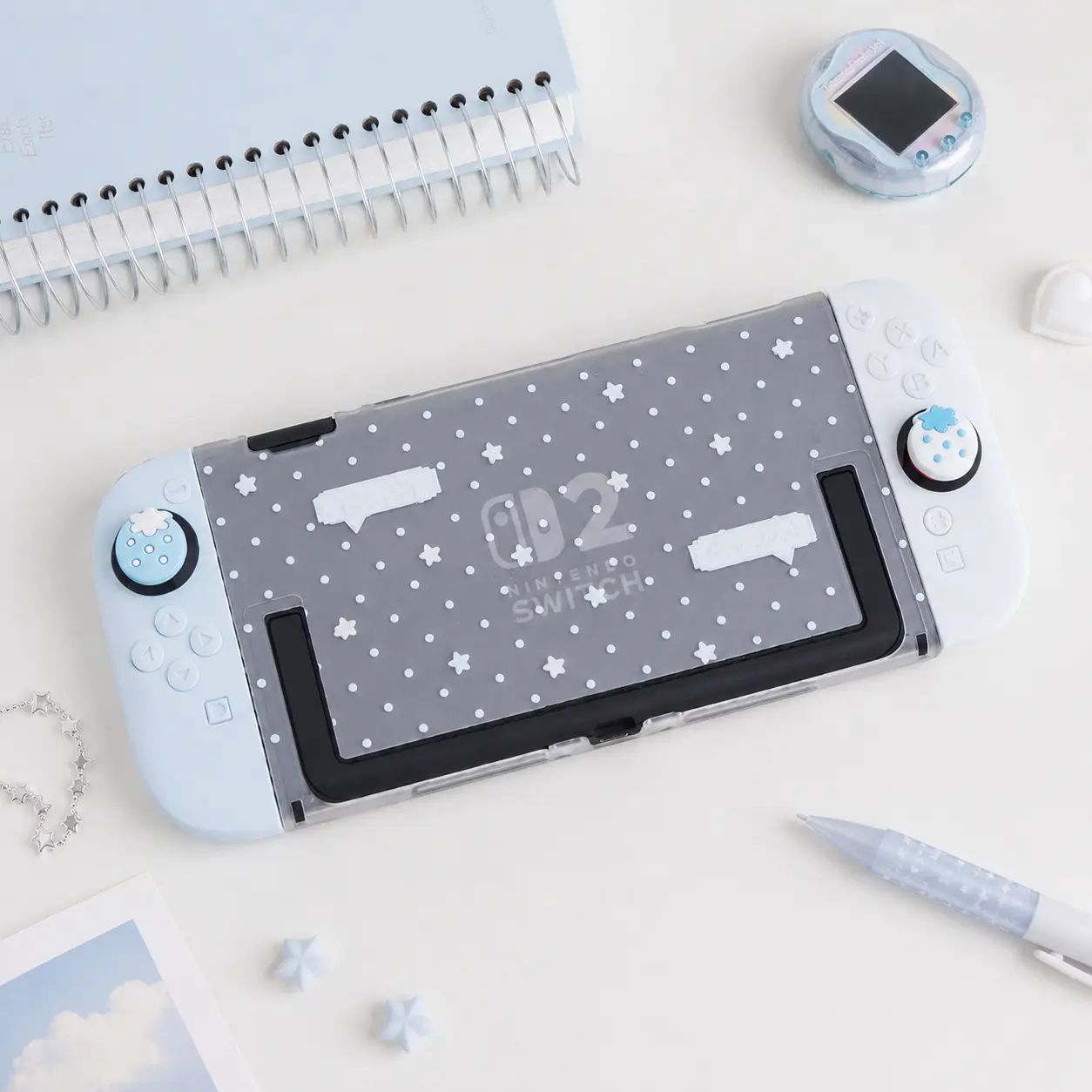 Nintendo Switch 2 Console Accessories Bundle - Protective Hard Shell Case, Carrying Pouch, Split Grip Controller Covers with Cute Blue Star Design for Enhanced Protection, Set Pack