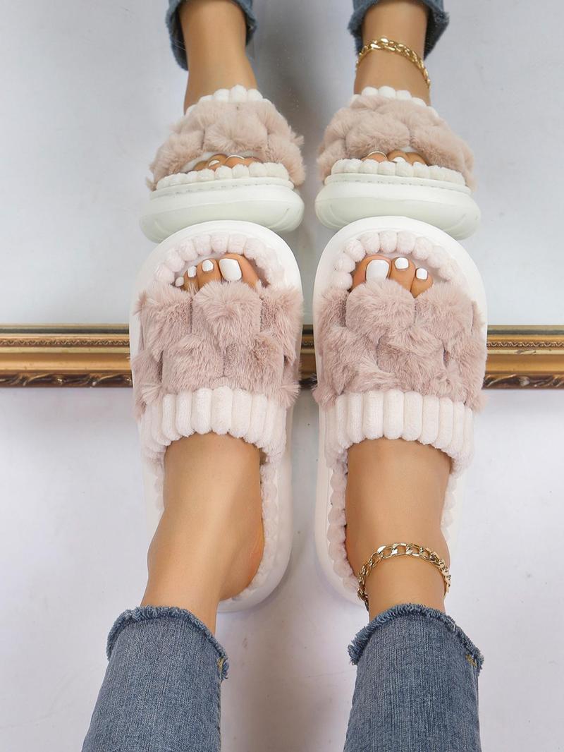 Women's Solid Color Fluffy Plush Slippers, Casual Soft Comfortable Home Slippers, Fuzzy House Slippers, Warm Slippers for Indoor & Outdoor Use for Fall & Winter