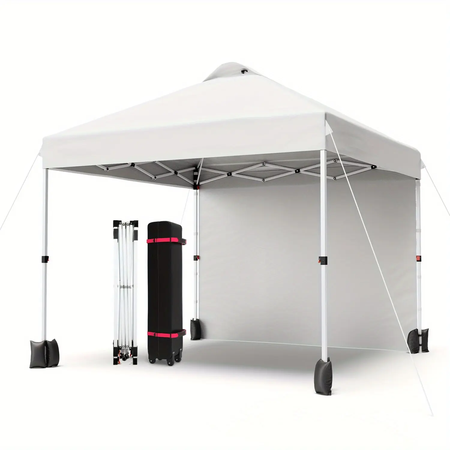 10X10Ft Pop Up Canopy Tent with 1 Sidewall, Portable Instant Commercial Canopy Patio Tent with Vented Top Roller Bag 4 Sandbags 4 Ropes And 8 Tent Stakes