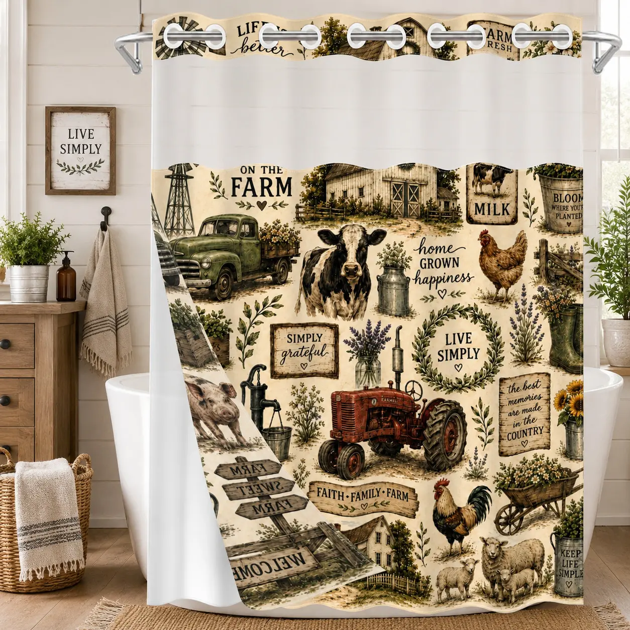 1PC 2D Flat Vintage Farm Cow, Chicken, Sheep, Tractor, Barn & Pickup Truck Pattern Double-Layer Woven Shower Curtain, No Hooks, Transparent Top Window, Removable Snap-On Liner, Rustic Farmhouse Bathroom Art Decor, Bathroom & Holiday Decoration