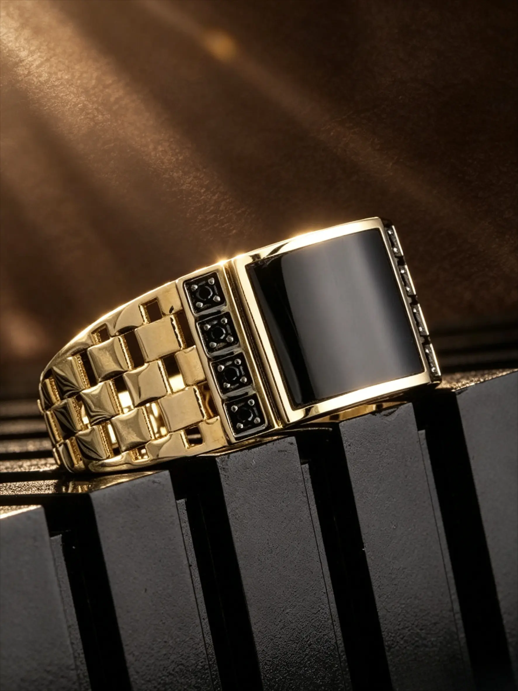 18K Gold Tone Stainless Steel Men Square Signet Ring, Unique Ring, Solid Black Onyx Inlay, Hollow Grid Cutout Band With Side Black CZ Stones, Hypoallergenic Tarnish Resistant Minimalist Business Statement Jewelry Gift For Guys