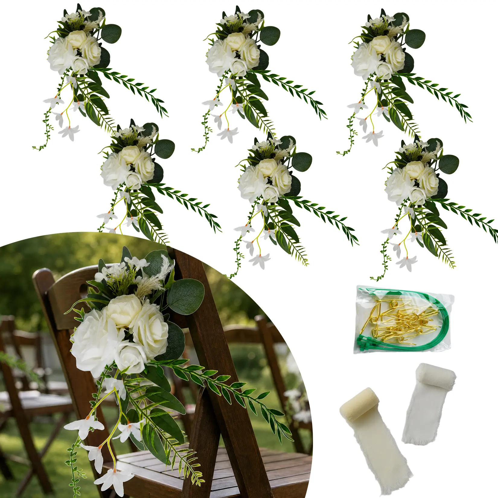 Rustic Artificial Wedding Chair Flowers, 6pcs Faux White Rose & Eucalyptus Bouquets, Reusable Ceremony Aisle Decor, Includes Fastening Accessories, Ribbon: Neutral-Tone Tone & Pure White, Bouquet approx 14cm