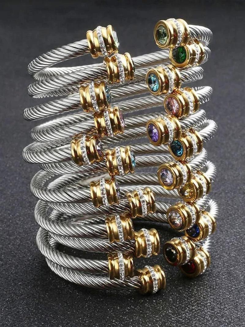 Unisex Casual Fashion Stainless Steel Birthstone Cuff Bracelet, Rhinestone Design, Zinc Alloy Chain, All Seasons Wear, Rhinestone Decor Bangles