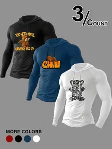 3-Pack Men's Hooded Long Sleeve Tops With Cartoon Bear Print