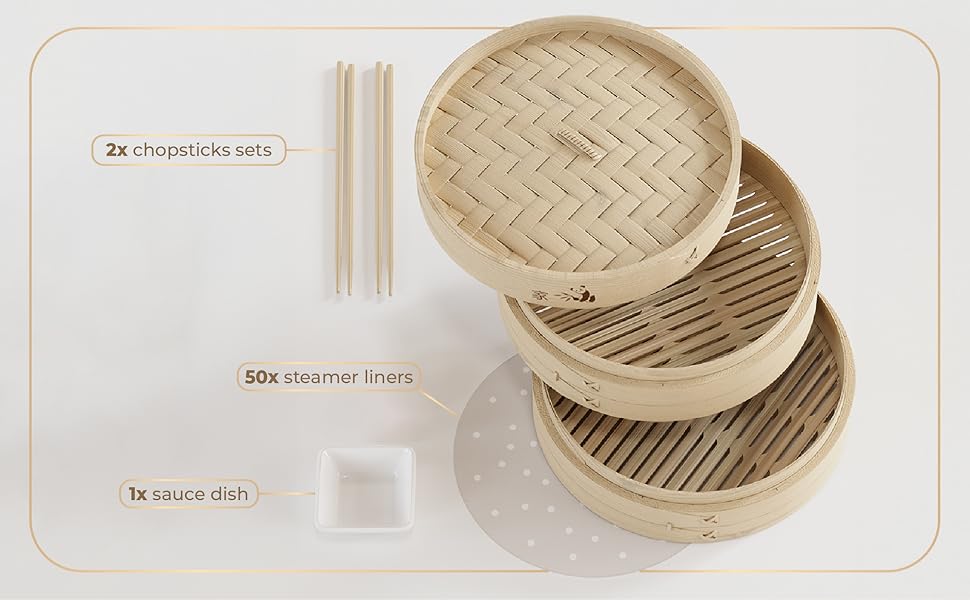 Bamboo Steamer Basket 10-Inch |   2-Tier Steamer for Cooking |   50 Liners, Chopsticks, Sauce Dish |   Steaming Asian Food, Bao Buns, Chinese, Dim Sum, Dumpling, Rice, Vegetable Steam Pot