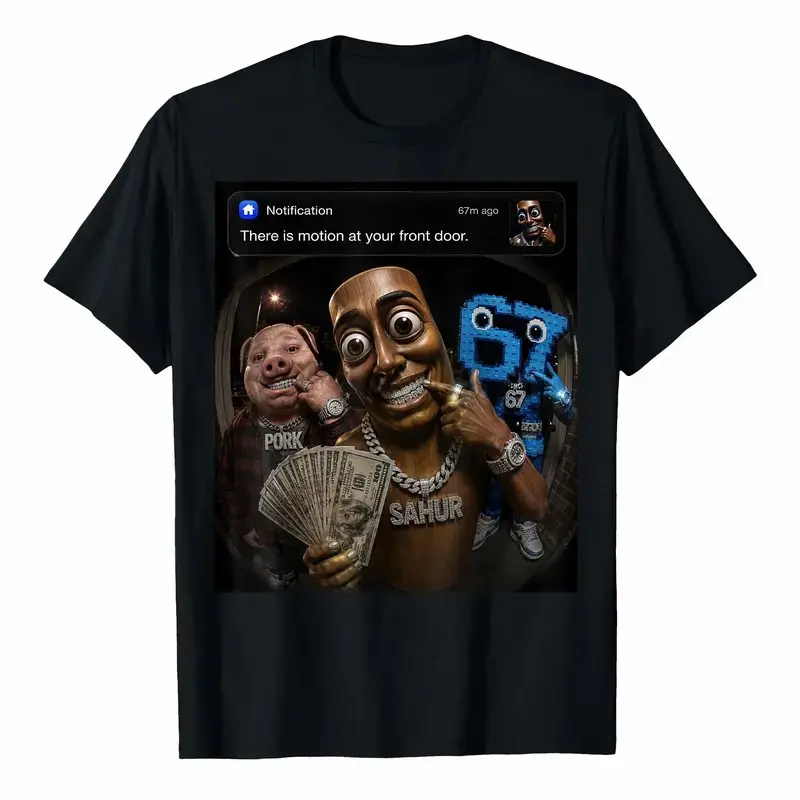 John Pork Tung Tung Tung Sahur 67 Shirt, There Is Motion at Your Front Door Meme Tee, Funny Viral Character Graphic T-Shirt, Internet Humor Black Top