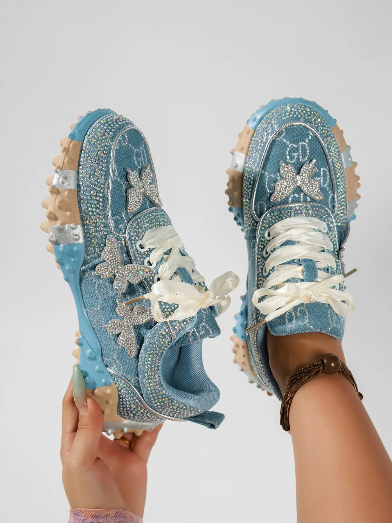 Ladies Washed Denim Rhinestone Butterfly Low Chunky Sneakers 3.5cm Anti Slip Spike Sole Sparkly Decor Nightclub Concert Daily Footwear