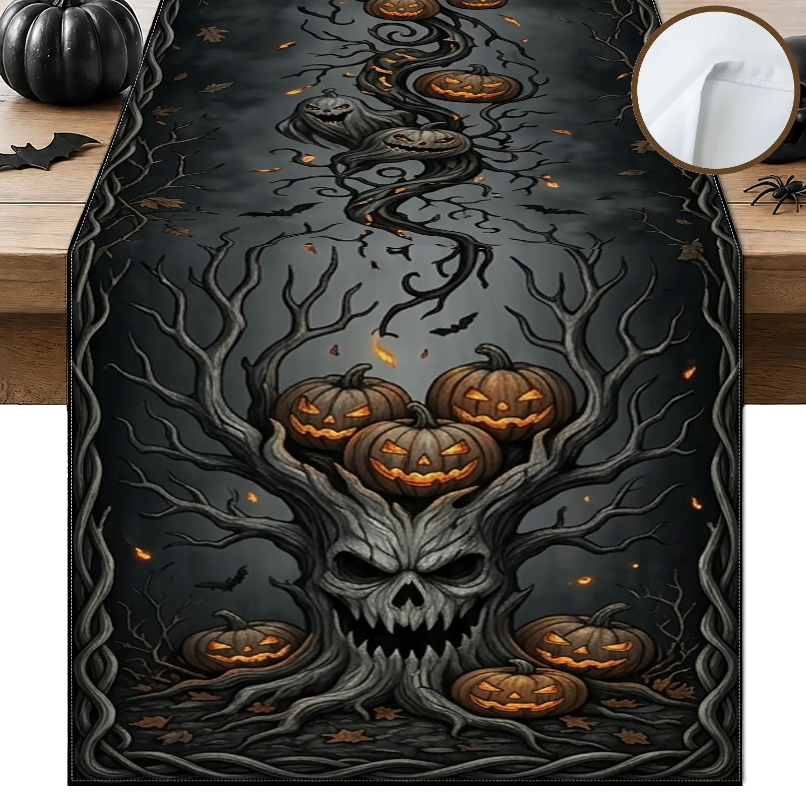 1pc Pumpkin Skull Halloween Table Runner, Gothic Style, Creepy Pattern with Faces and Twisted Branches, for Dining Table Halloween Party Home Decor Seasonal Table Decor