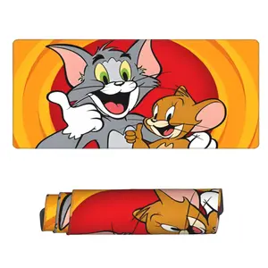 WB Tom and Jerry Gaming Mouse Pad, Red Orange Swirl Background Thumbs Up Character Print Desk Mat, Non Slip Rubber Base Keyboard Mat, Stitched Edge Waterproof Desktop Pad Gift for Cartoon Fans