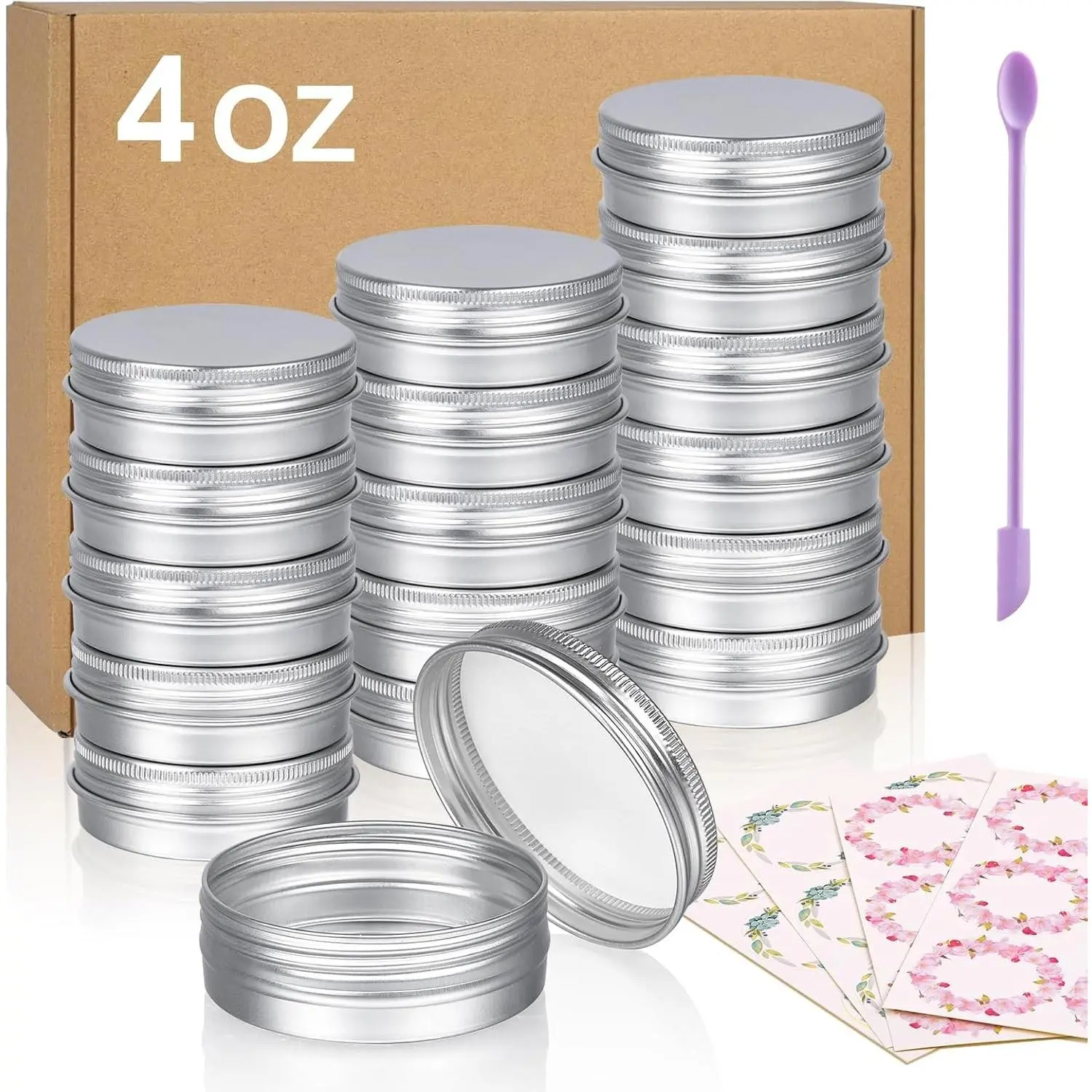 24pcs 4 oz Aluminum Tin Containers with Lids and 4pcs Stickers