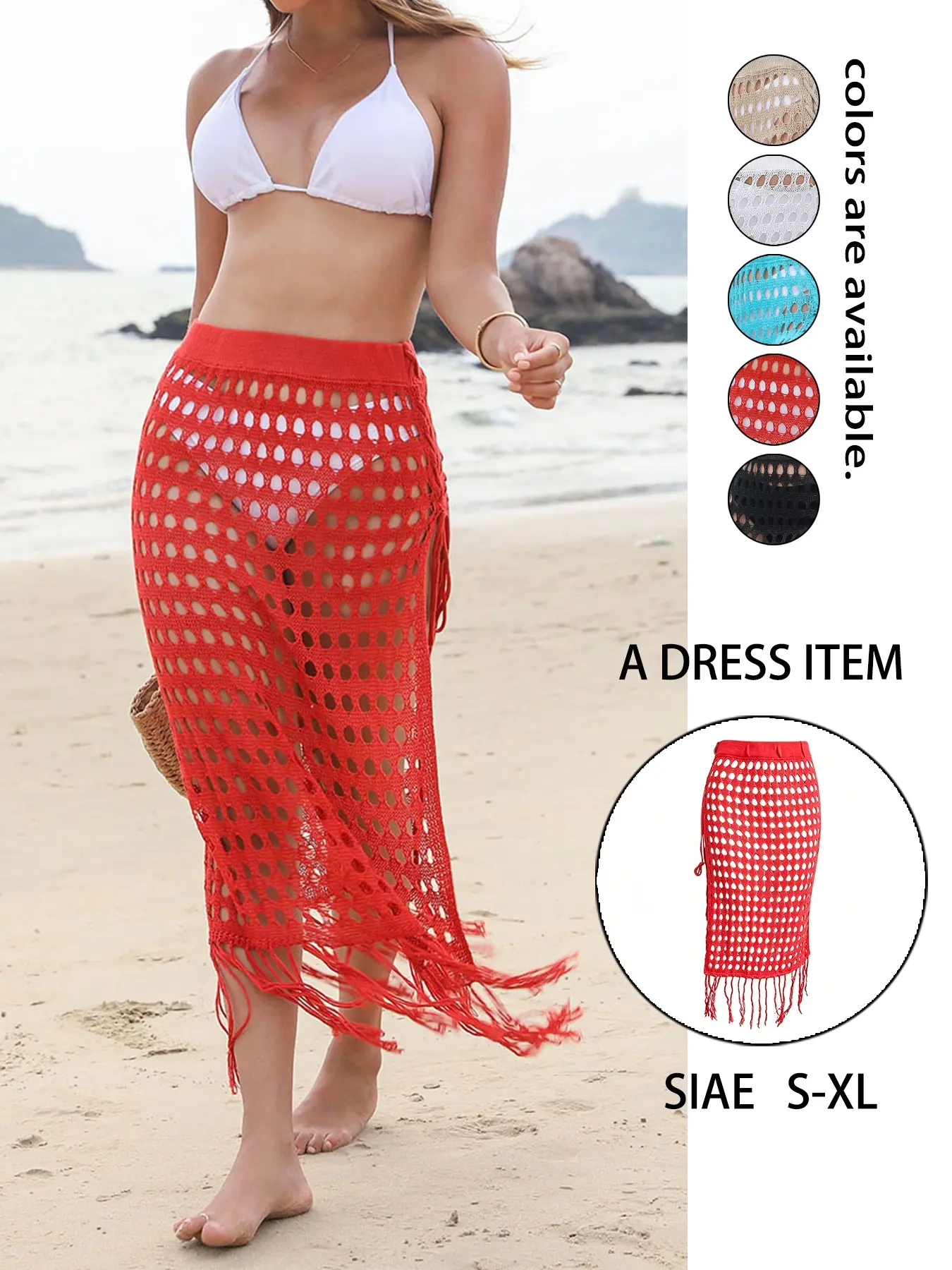 Hollow Out Fringe Midi Skirt, Beach Wrap Dress, Mesh Half Skirt, Hollow Out Fringe Beach Skirt, Stylish Summer Fashion