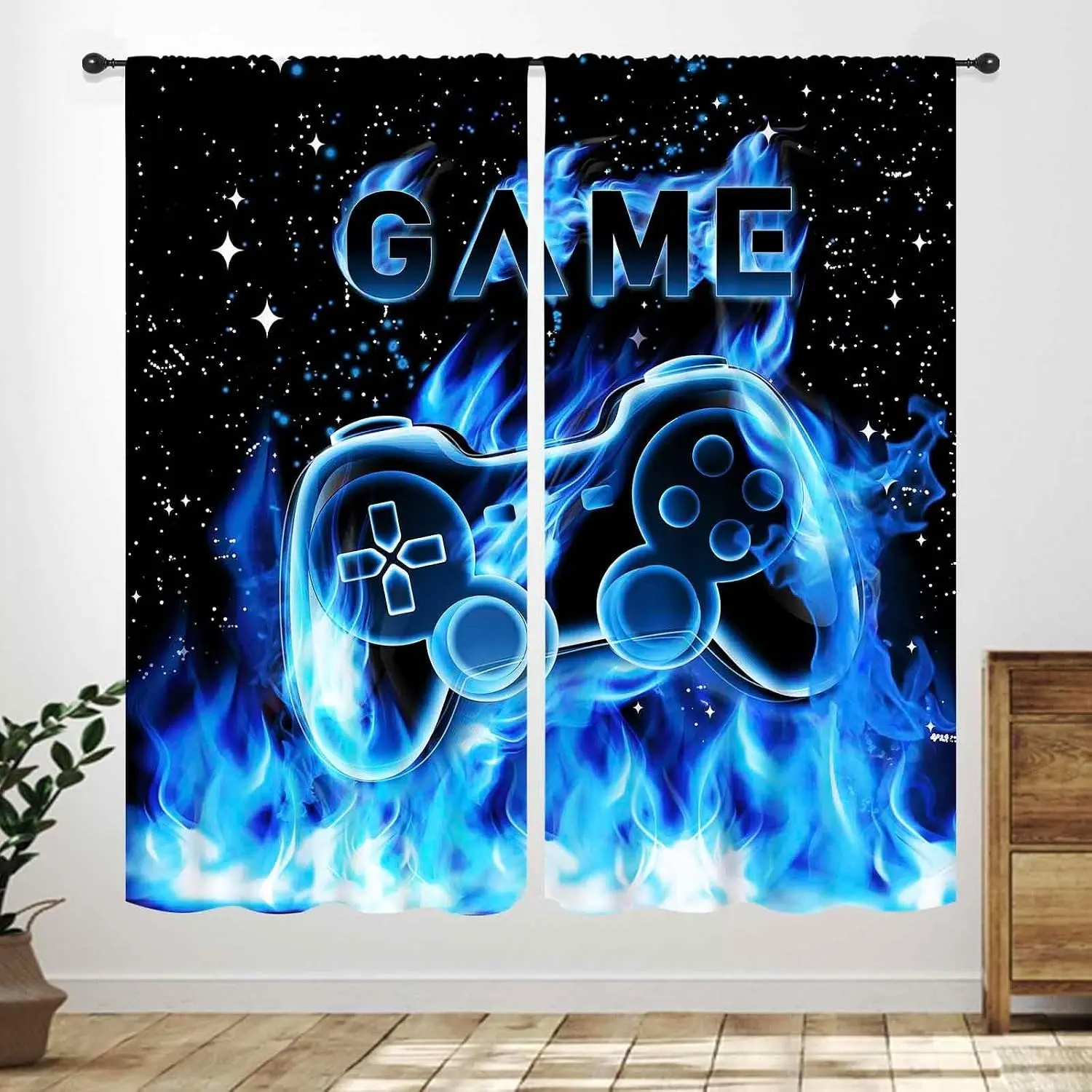 Kids' Space Game Controller Blue Flame Curtains, Cool Video Game Window Treatments, 2 Panels for Teen Boys Girls Bedroom Gaming Room