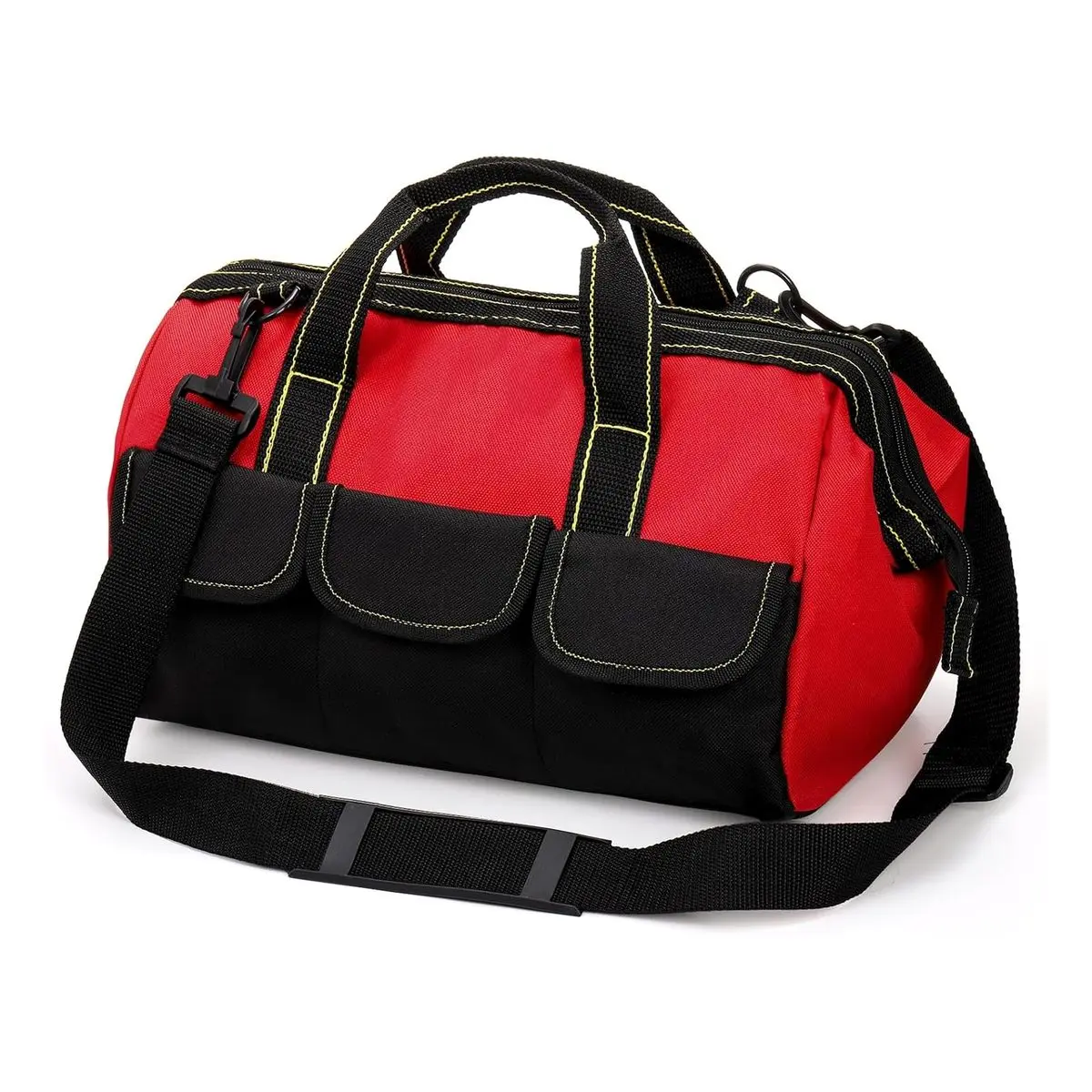 16 Inch Wide Mouth Collapsible Tool Bag with Waterproof Coating, Adjustable Strap, 5 Outside Pockets, Portable Electrician Tool Organizer Tote, Red