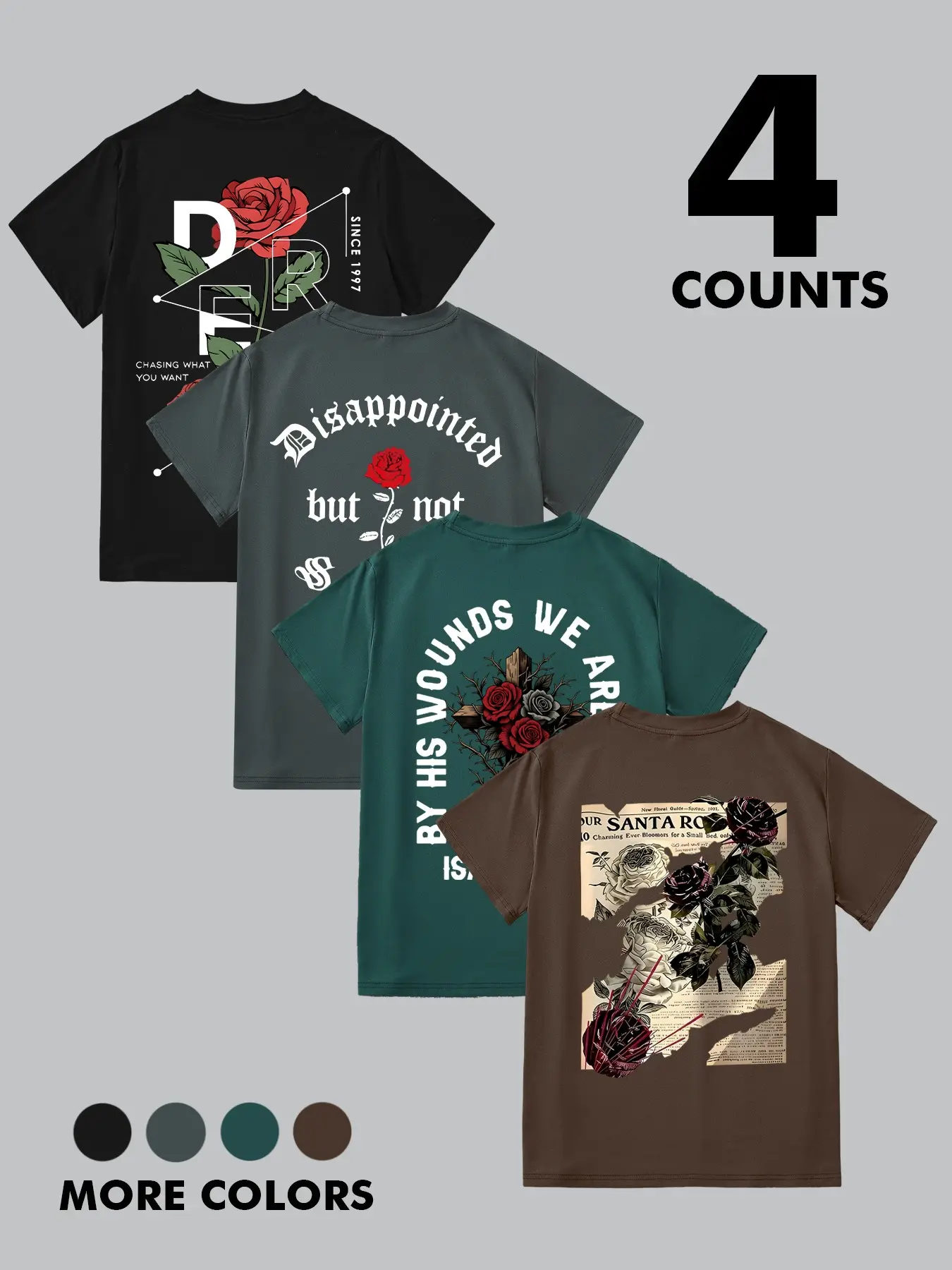 4PCS Vintage Rose Graphic Tees Set – Oversized Streetwear T-Shirts for Men, Trendy Casual Summer Tops