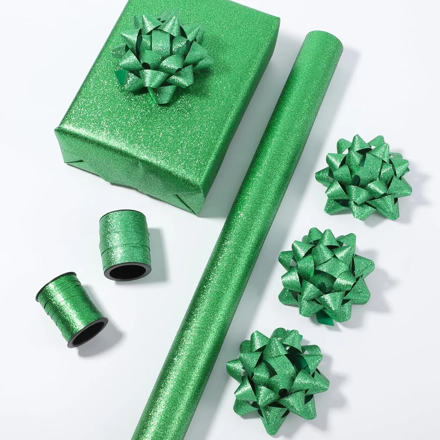 Glitter Wrapping Paper Roll Set with Bows & Ribbon, Sparkly Green  Wrap Kit, Metallic Shimmer  Wrapping Supplies for Birthday,  Shower, Wedding, Valentine’s Day, Christmas