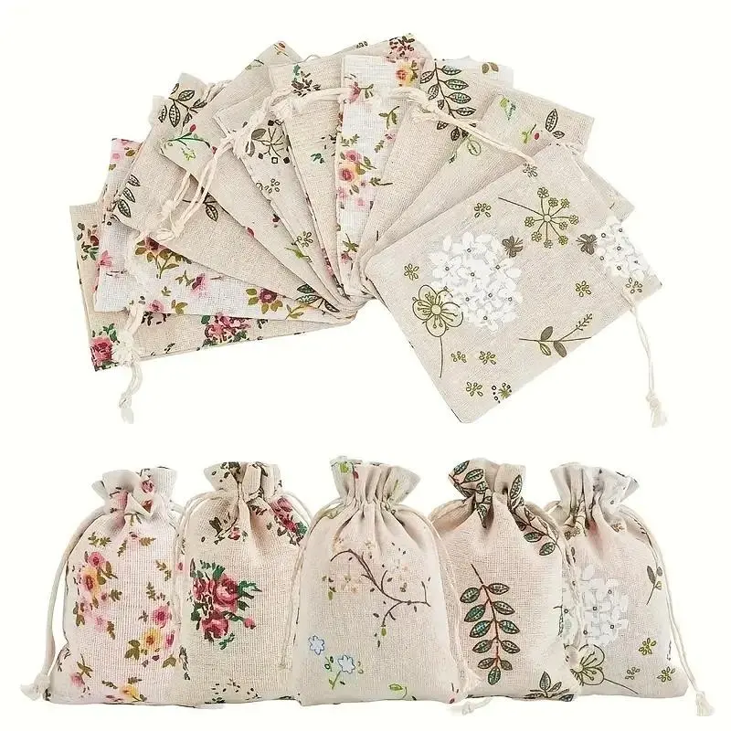 Rustic Flower Print Drawstring Gift Bags, Eco-Friendly Reusable Storage Pouches, Ideal for Jewelry, Candy, Cosmetics & Small Items