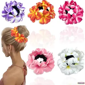 Women's 5PCS Hawaiian Plumeria Flower Scrunchies, Tropical Boho Hair Ties, Cute Beach Vacation Hair Accessories for Women, Summer Party & Wedding Outfits
