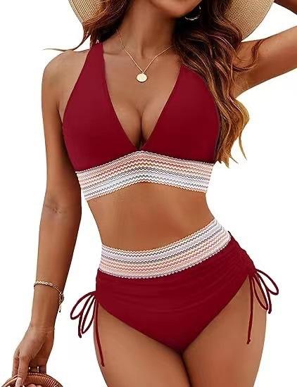 European and American style two-piece swimsuit for women, sexy solid color V-neck tight-fitting backless high-waisted bikini,   women's swimsuit