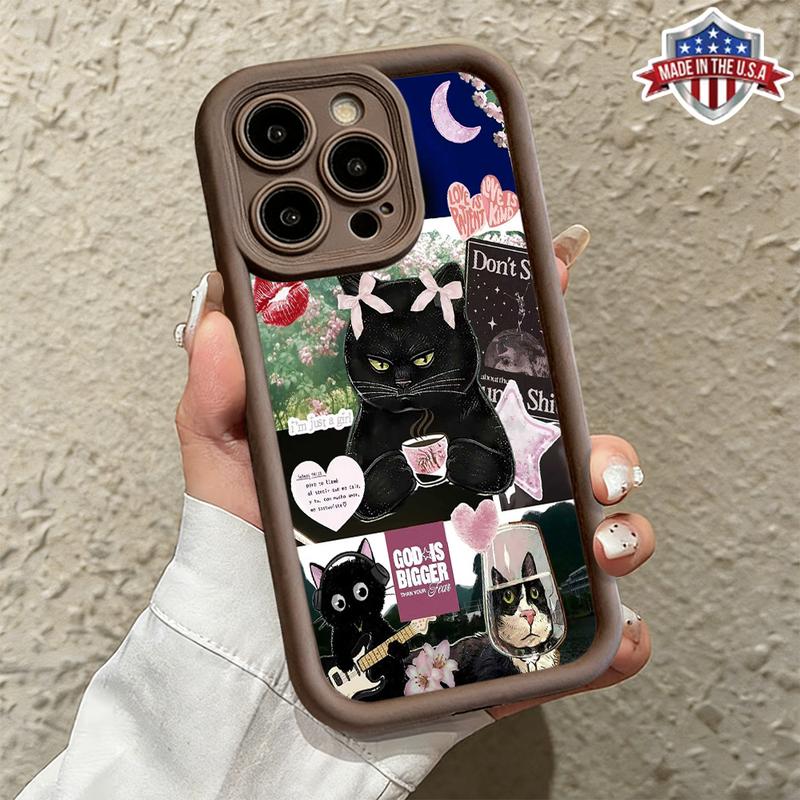 Cute Funny Black Cat Aesthetic Collage Pattern Case for iPhone 17 Pro Max 16 15 14 13 12 11 XR XS Plus Air Slim Shockproof Anti Drop Protective Lightweight TPU Cover