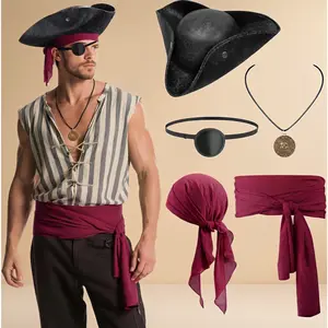 Men's Pirate Costume Set 5PCS – Tricorn Hat, Bandana, Sash, Eye Patch & Necklace, Halloween Accessories for Pirate Outfit
