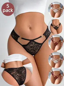 Women's Hollow Out Heart Metal Buckle Triangle Panties, Fashion Lace Sweet Sexy Elegant Summer Underwear, Soft Comfortable Breathable, 5 Pcs Set