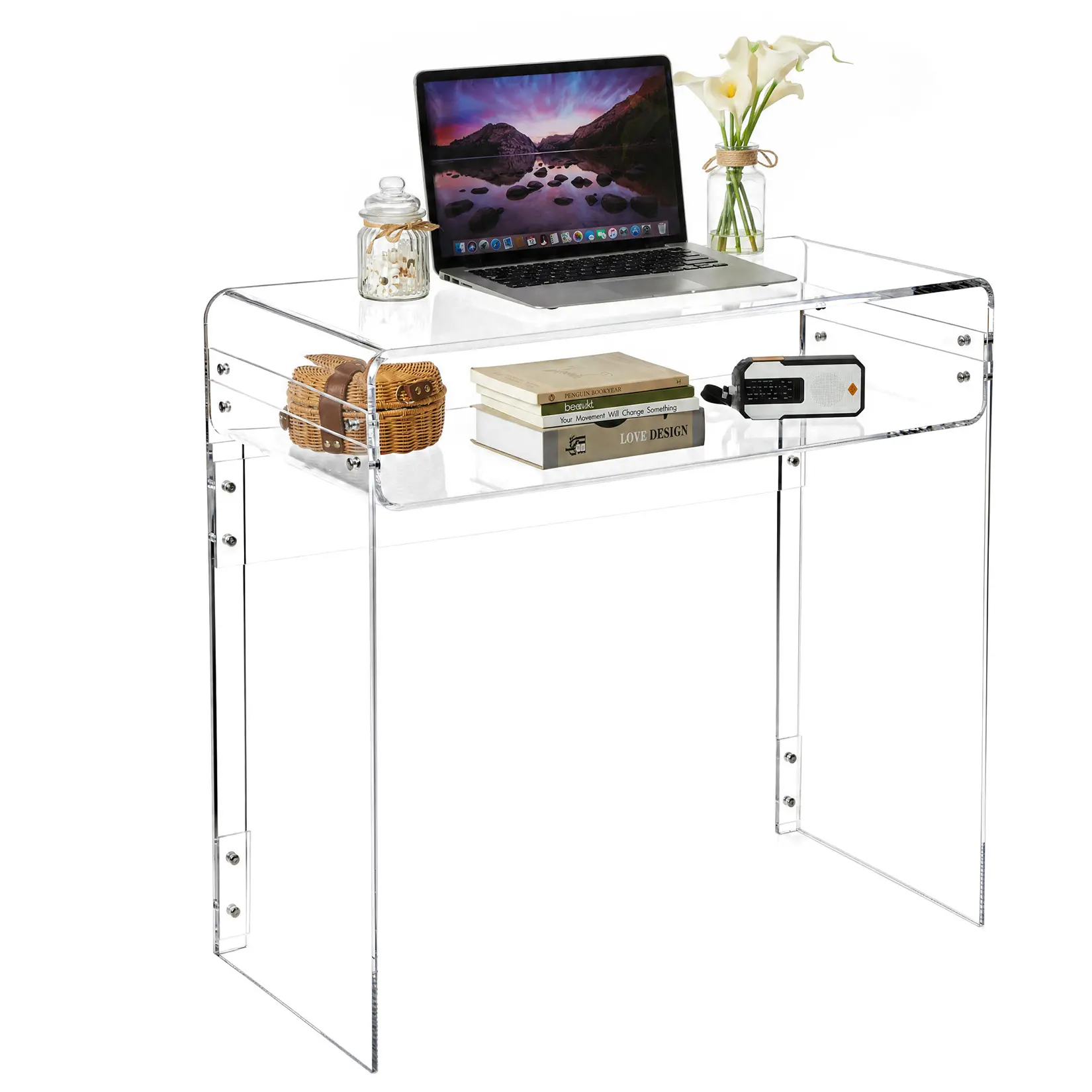 33.5" Clear Acrylic Desk with Storage Shelf, Modern Transparent Workstation for Laptop, Polished Safety Corners Study Table, 1PC