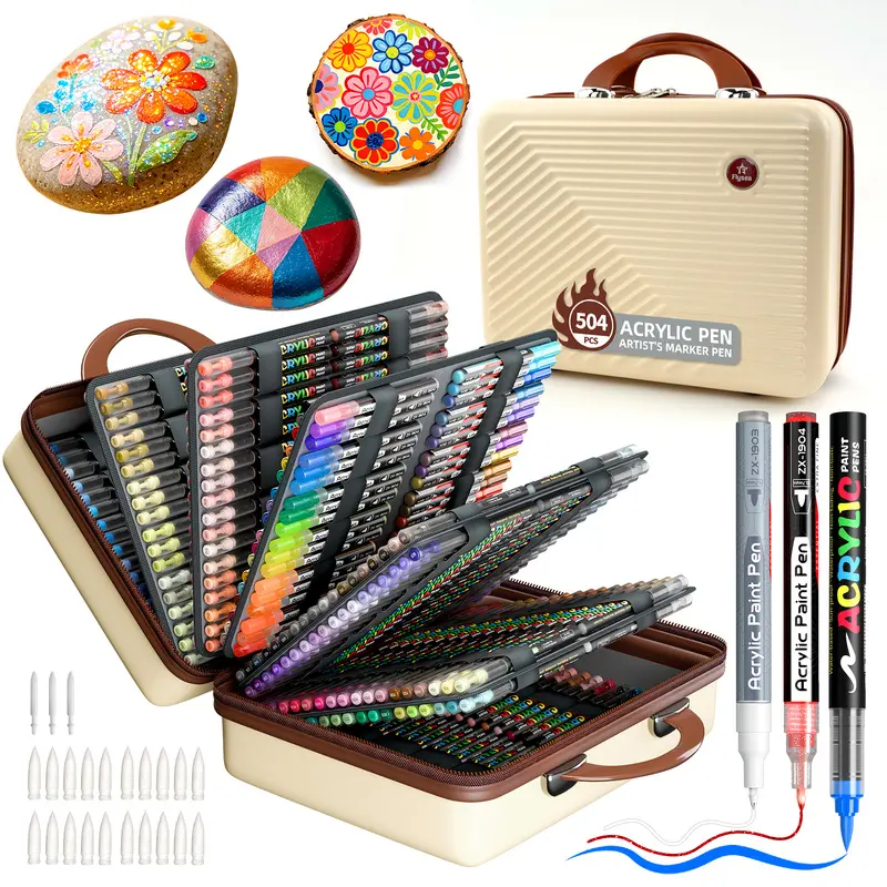 504 Colors Acrylic Markers Set with Storage Box, Dual Color Rich Pigment Acrylic Paint Pens with Soft Brush Tips, Permanent Paint Markers for Rock, Wood, Canvas, Glass, Fabric and Crafts