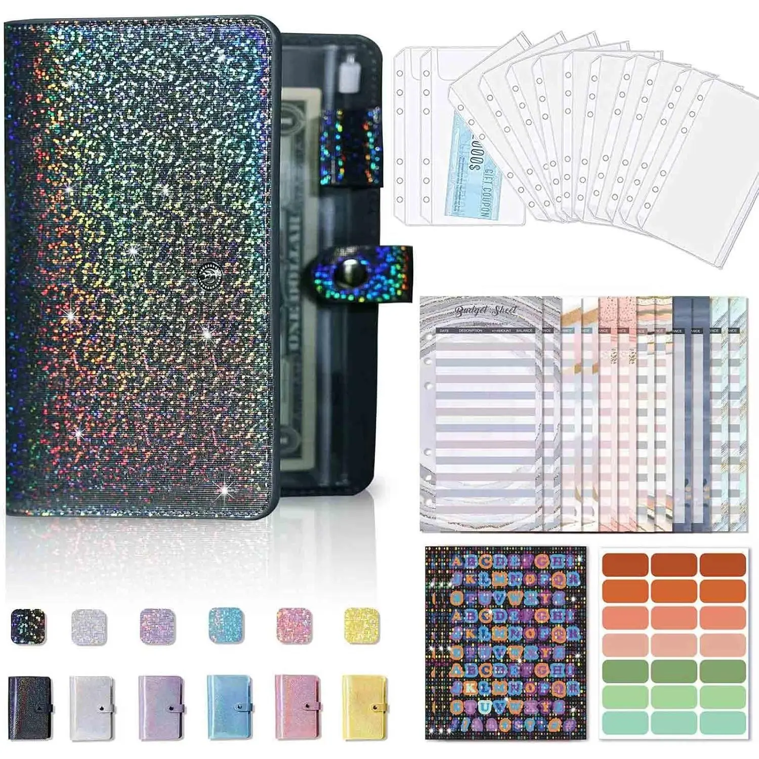 A6 Budget Binder Savings Book  Organizer for  Stuffing Grey Black | Small Budget Planner Wallet with 12 count Zipper Envelopes (Bill Pouches & Expense Budget Sheets) for Budgeting