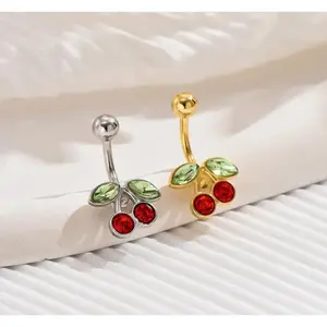1PC Stainless Steel Red Cherry Rhinestone Navel/Belly Button Bar Piercing