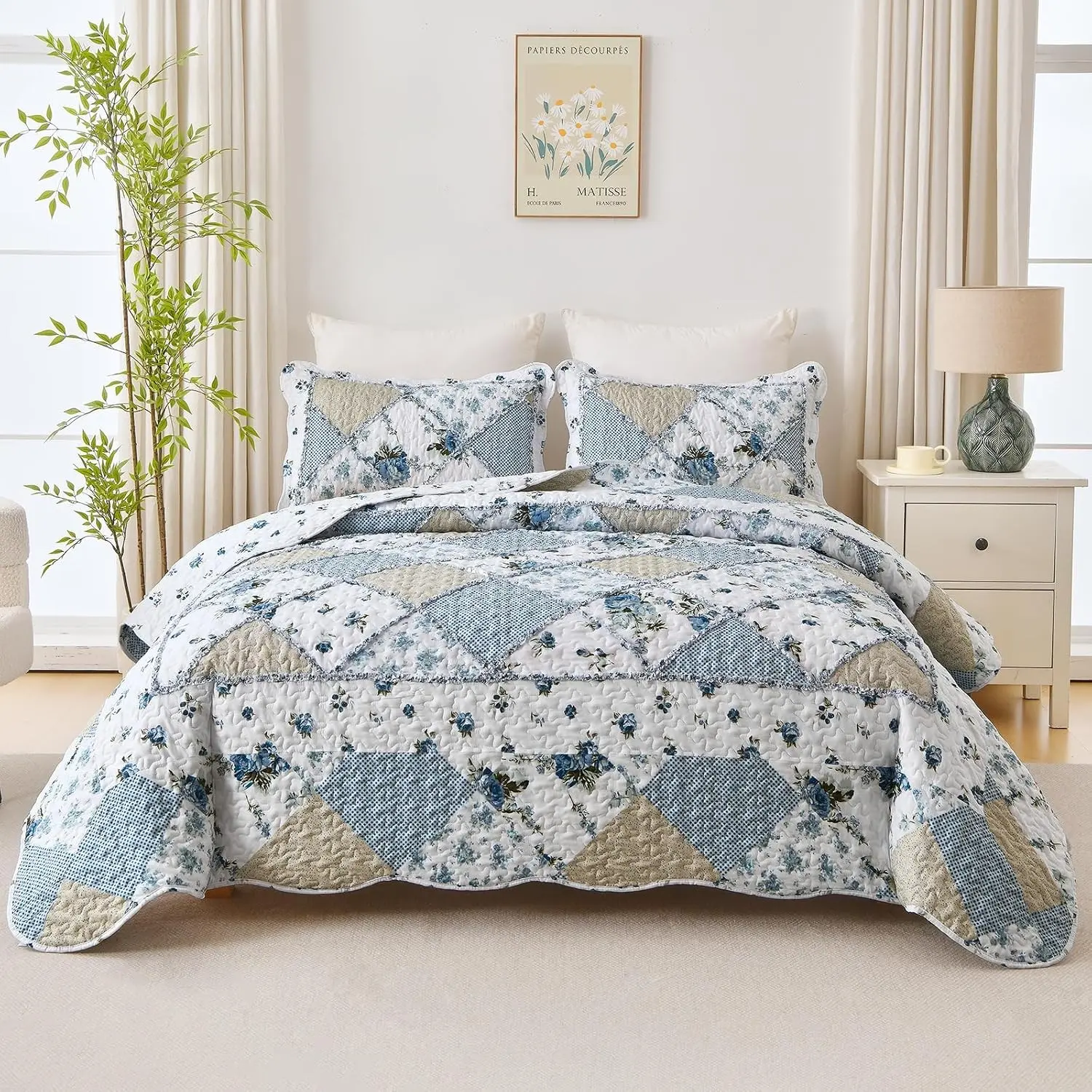 MURT Quilts Queen Size Blue Floral Patchwork Queen Quilt Set, Lightweight Breathable Microfiber Bedspreads for All Seasons, Soft Boho Bedding Coverlet with 2 Pillowcases(90"x96")