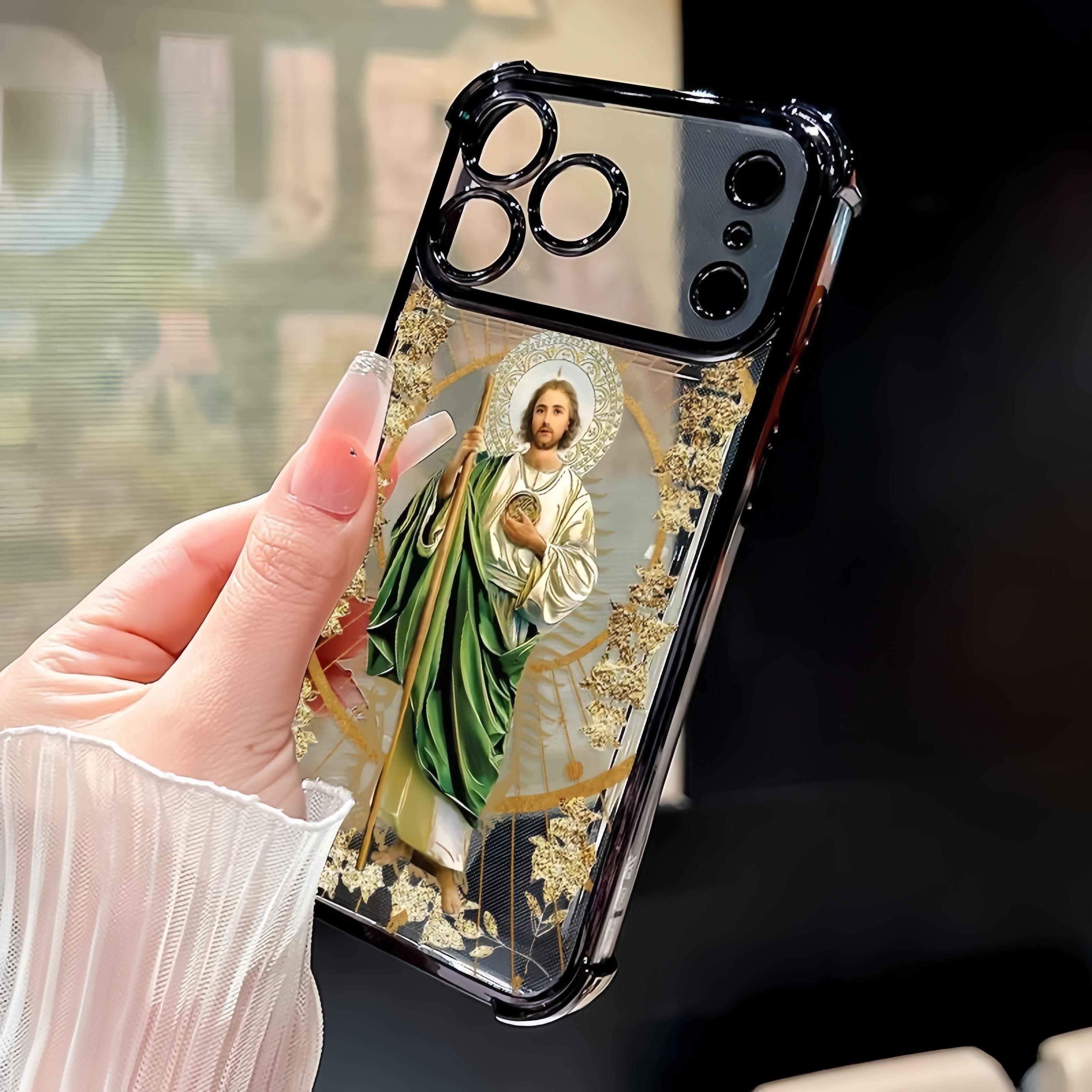 Luxury Saint Jude Thaddeus Transparent Electroplated Corner Shockproof Phone Case For iPhone 17 Pro Max 16 Air 15 Plus 14 13 12 11 E Heavy Duty Cushion Bumper Protective Cover Religious Gift For Men Women, Ideal Holiday Present