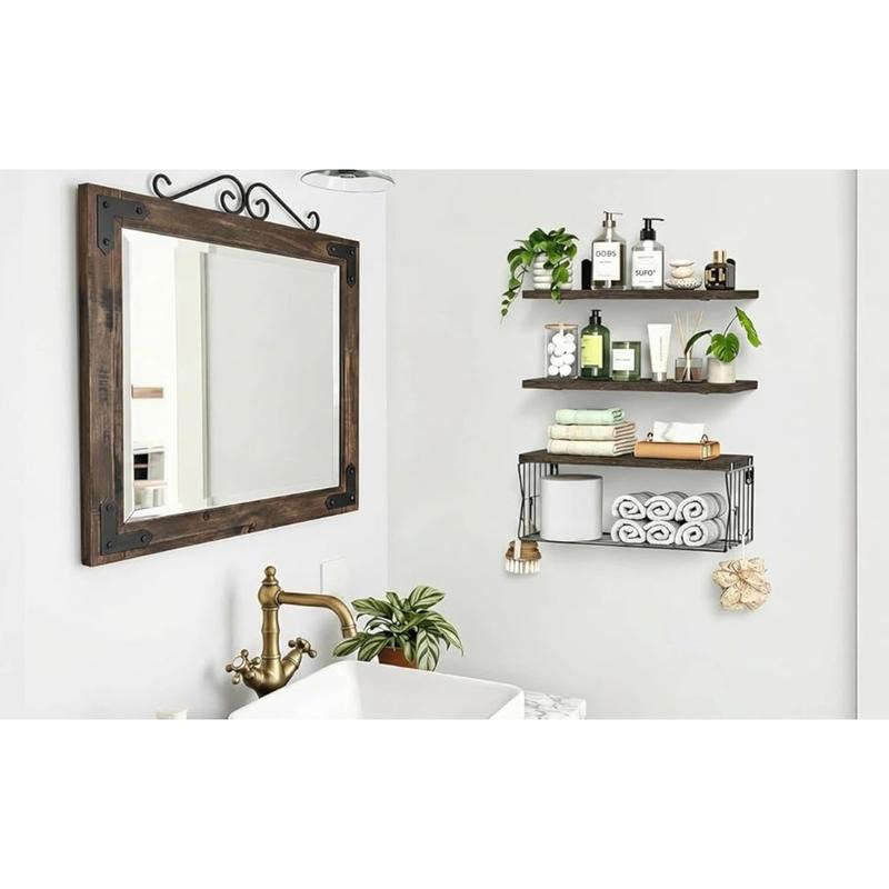 Floating Bathroom Shelves Wall Mounted, Set of 3 Wooden Shelves with Metal Basket, Over Toilet Storage Organizer for Bathroom, Apartment, RV, Powder Room, Black