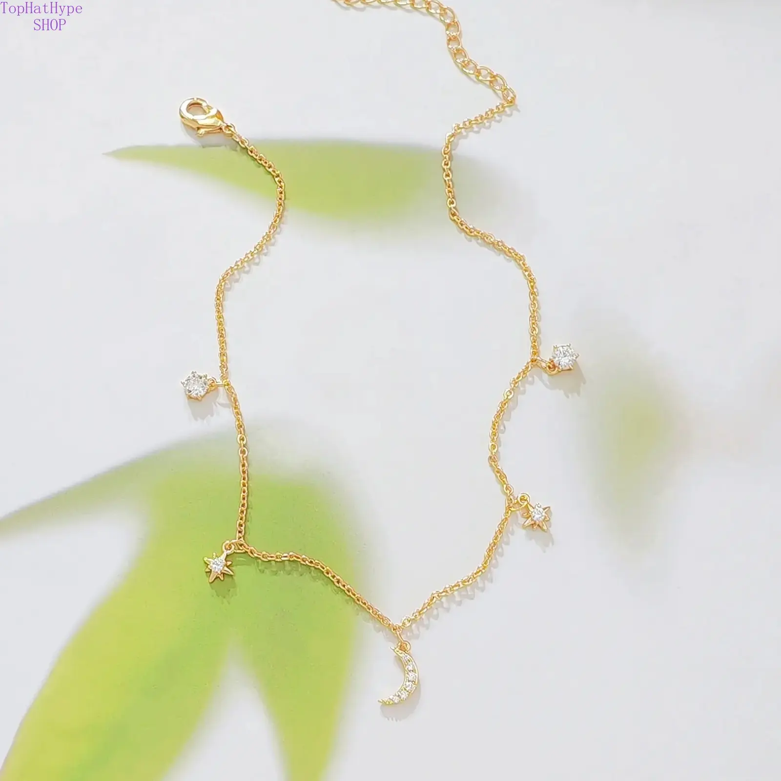Women's Gold Rose Gold Plated Crescent Moon Star Pave Cubic Zirconia Ankle Bracelet, Sparkling Dangle CZ Pendant Anklet with Heart Extender Chain, Minimalist Bohemian Summer Foot Accessory Jewelry Gift
