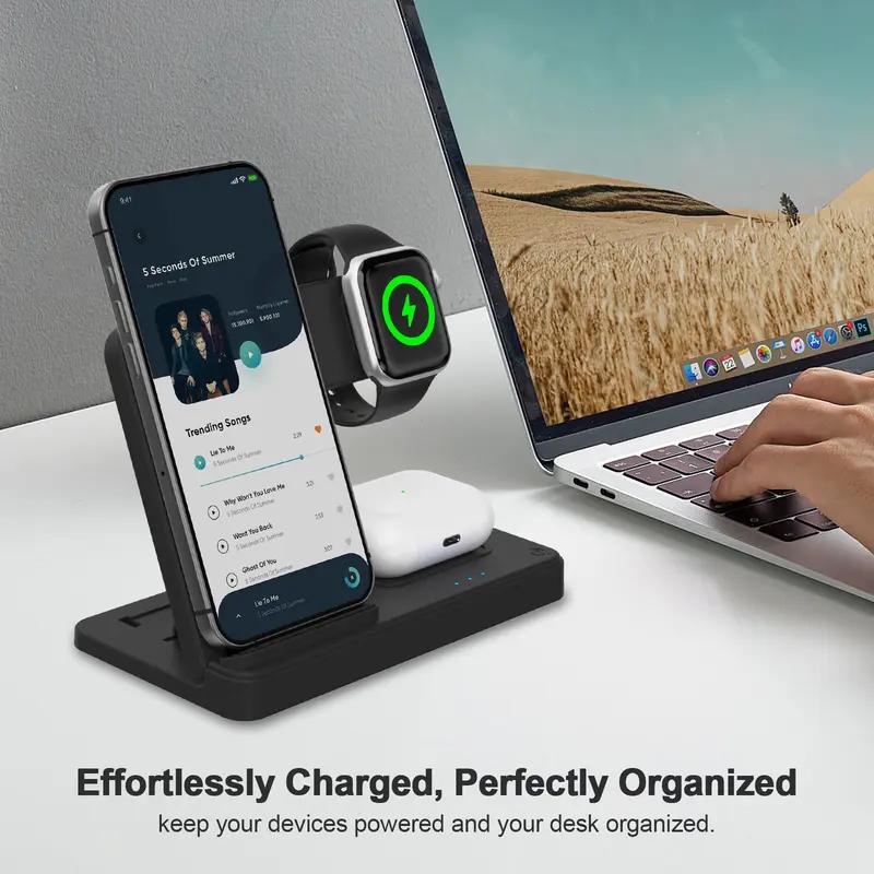 3 in 1 Wireless Charging Station, Foldable 15W Fast Wireless Charger Stand for Apple Devices, Qi-Certified for iPhone 18/17/16/15/14/13/12/11/Pro/Max/X/XR/Samsung, iWatch-SE/7/6/5/4/3/2 & AirPods, QC-3.0 Adapter Included