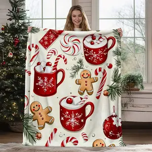 One Festive Fleece Blanket Featuring A Christmas Design With Gingerbread And Candy Canes, Perfect For Cozying Up On The Sofa Or Bed. This Warm And Soft Winter Decor Blanket Is Ideal For Your Living Room Or Bedroom And Makes A Great Gift