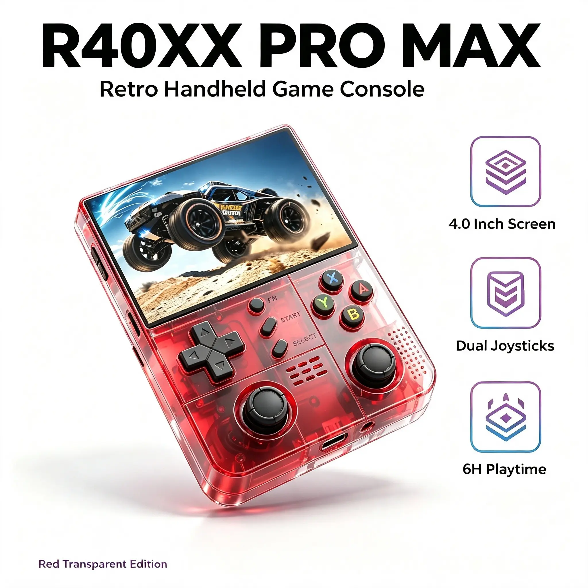 40xx Pro Max Retro Handheld Game Console, 4 Inch HD Screen, Dual Joysticks, 6 Hour Battery Life, Transparent Mini Arcade Device