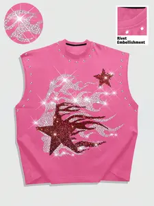 Men's Fashion Streetwear Oversized Tank Top, Graphic Flame Portrait Rhinestone Design, Wide Shoulder Rivet Sleeveless Shirt, Loose Fit, Summer 2026 Y2K Style