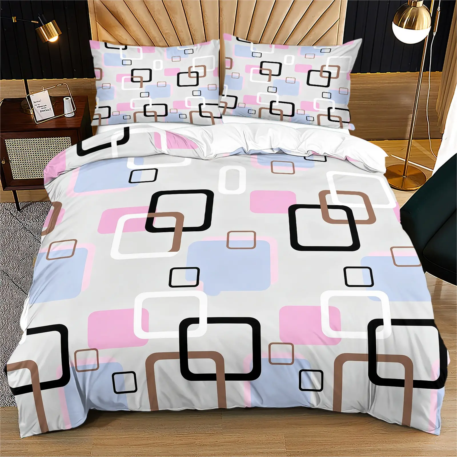 Pink Blue Geometric Square Duvet Cover Set 2/3pcs, Modern Abstract Striped Bedding Sets, Breathable Soft Pastel Plaid Grid Comforter Cover, Perfect for Bedroom Decor