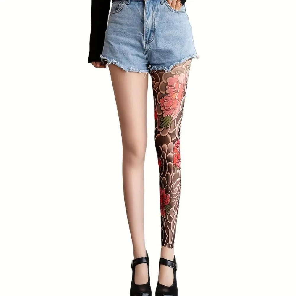 Women's Soft Traditional Breathable Elastic Casual Floral Tattoo Art Tights - Smooth Nylon Fabric, Stretchy Sheer, Colorful Peony & Cloud Prints, Twist Design, Aesthetic Fit, Ideal for Mini Skirts, Festivals (Sports & Outdoor Protective Gear Accessory)