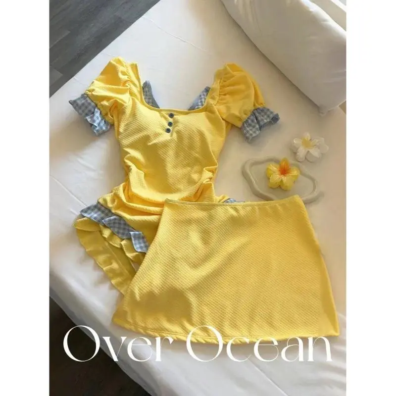 Spring Summer Beach Holiday Women's Two Pieces Set Patchwork Japanese Kawaii Cute Swimsuit Y2k Korean Fashion Bathing Suits New