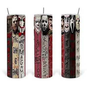 Horror Movie Characters 30 Oz Halloween Skinny Tumbler Straight Stainless Steel Vacuum Insulated Travel Coffee Tumbler with Lid Straw Slim Water Cup